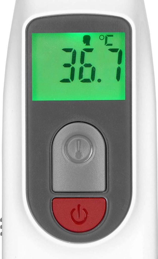 Digitales Thermometer zeigt 36,7 Grad Celsius auf grünem Bildschirm an.