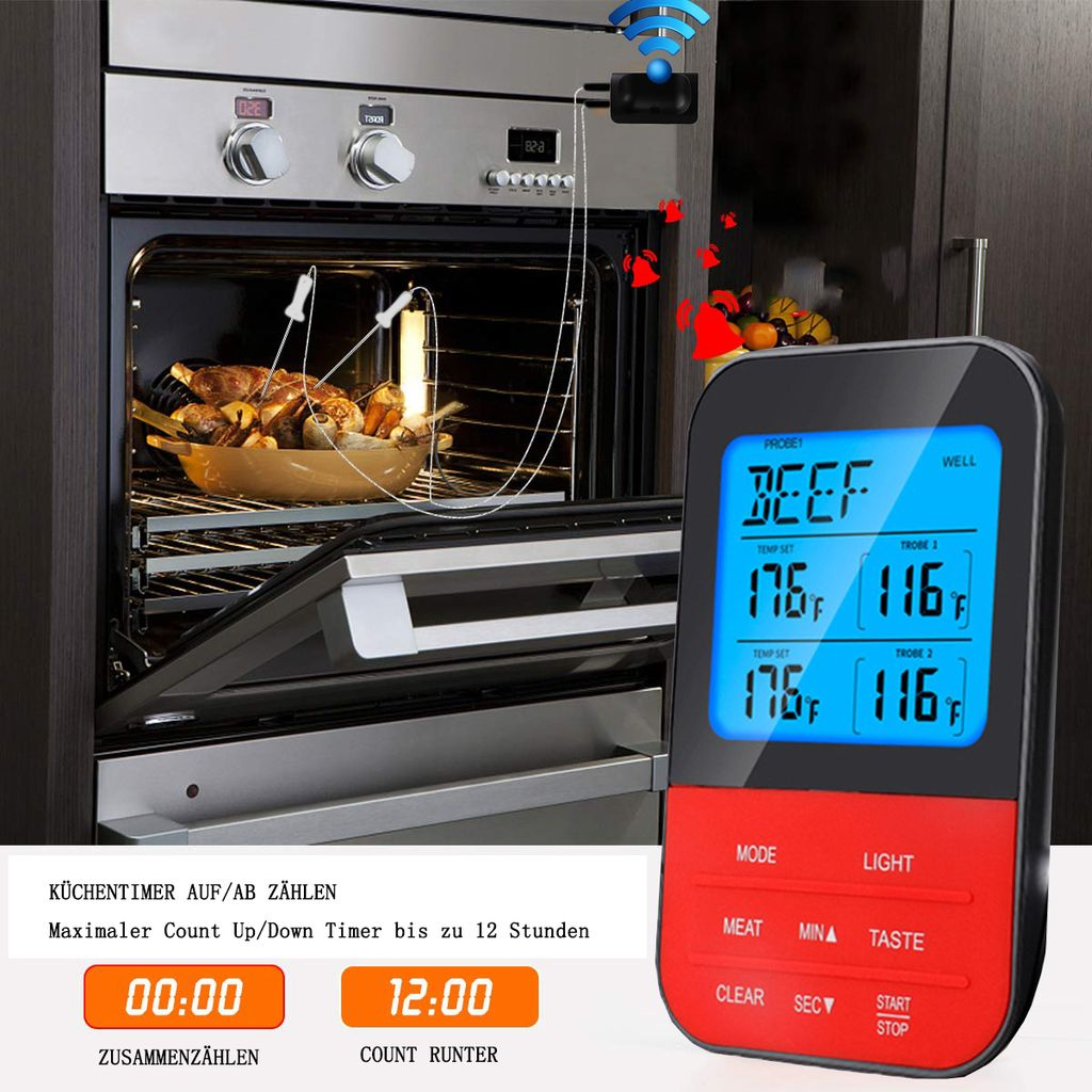 Ein digitaler Fleischthermometer zeigt "BEEF" und Temperaturen an, neben einem geöffneten Ofen mit Braten.