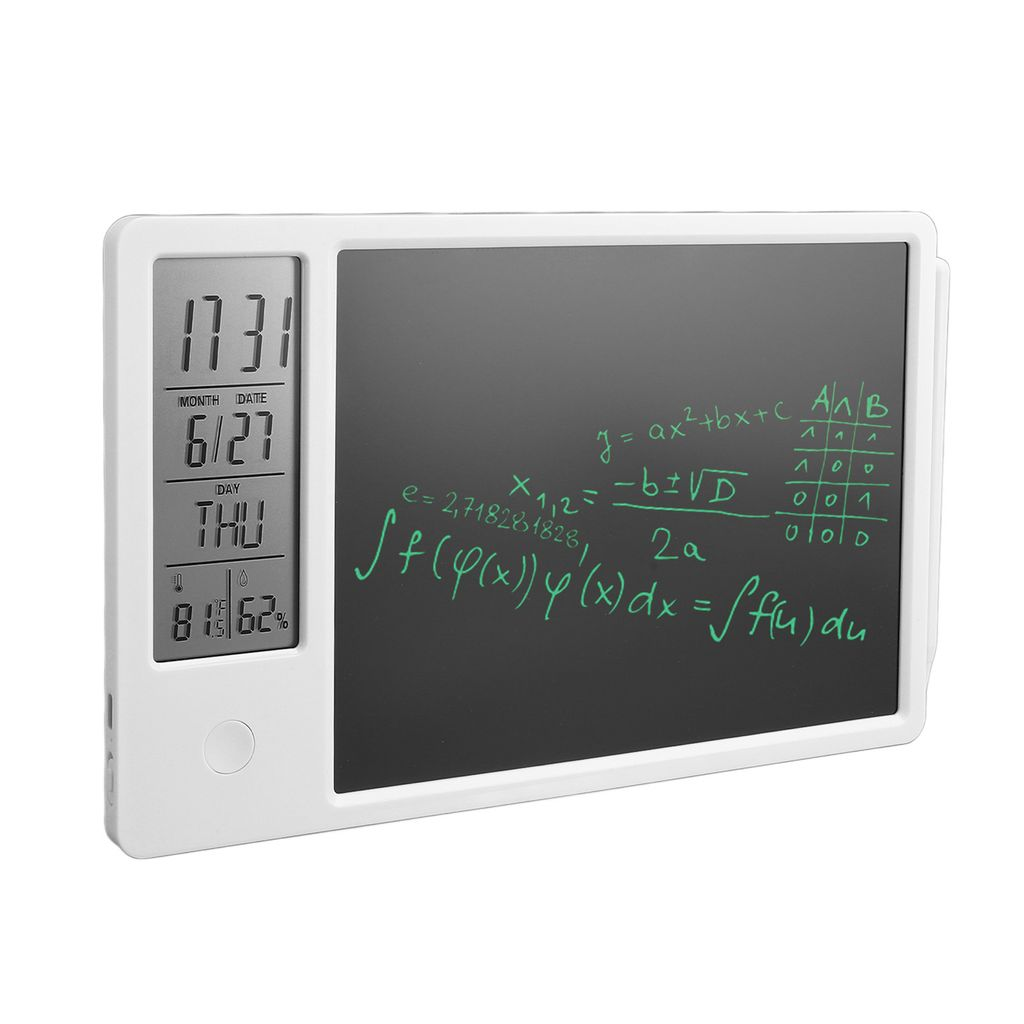Ein weißes Whiteboard mit mathematischen Formeln und einer digitalen Anzeige für Zeit, Datum, Tag und Temperatur.