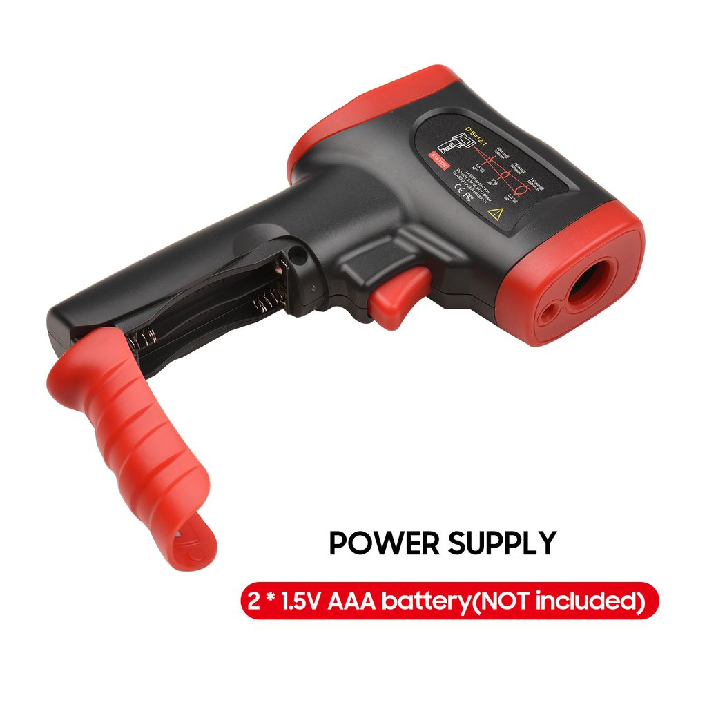 Ein schwarzes und rotes Infrarot-Thermometer mit Batteriefach.