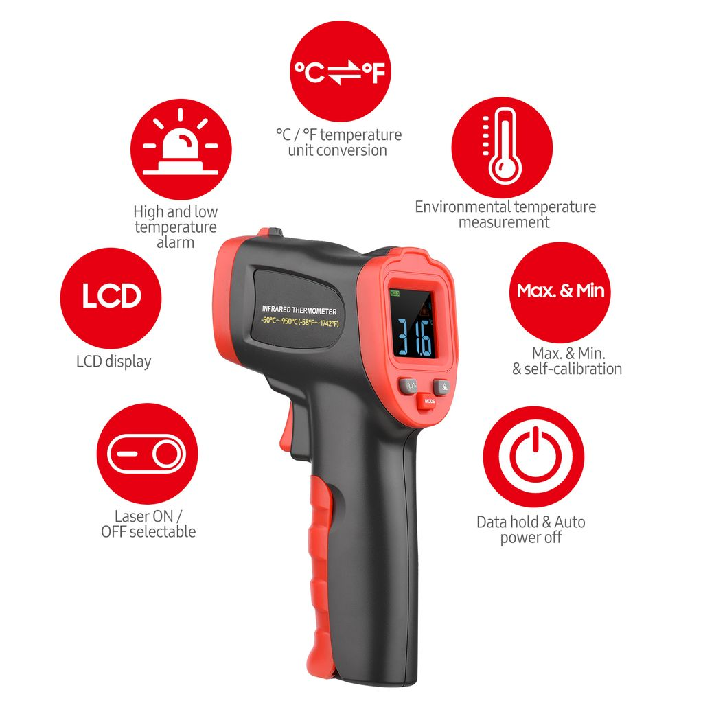 Infrarot-Thermometer mit LCD-Anzeige, Alarm, °C/°F-Konvertierung, Messung, Max/Min, Laser.
