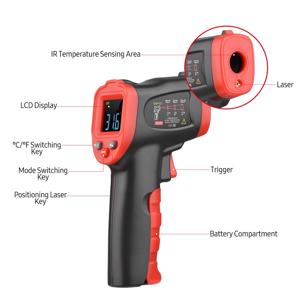 Rot-schwarzes Infrarotthermometer mit LCD-Anzeige, zeigt 31,6 an. Mit Laser und Sensorbereich.