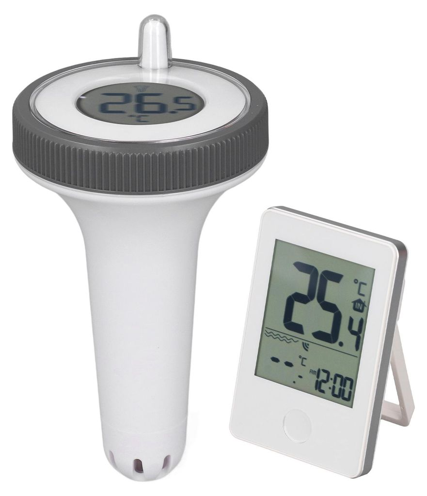 Ein weier Thermometer-Sender und ein weier digitaler Empf¤nger mit Display.