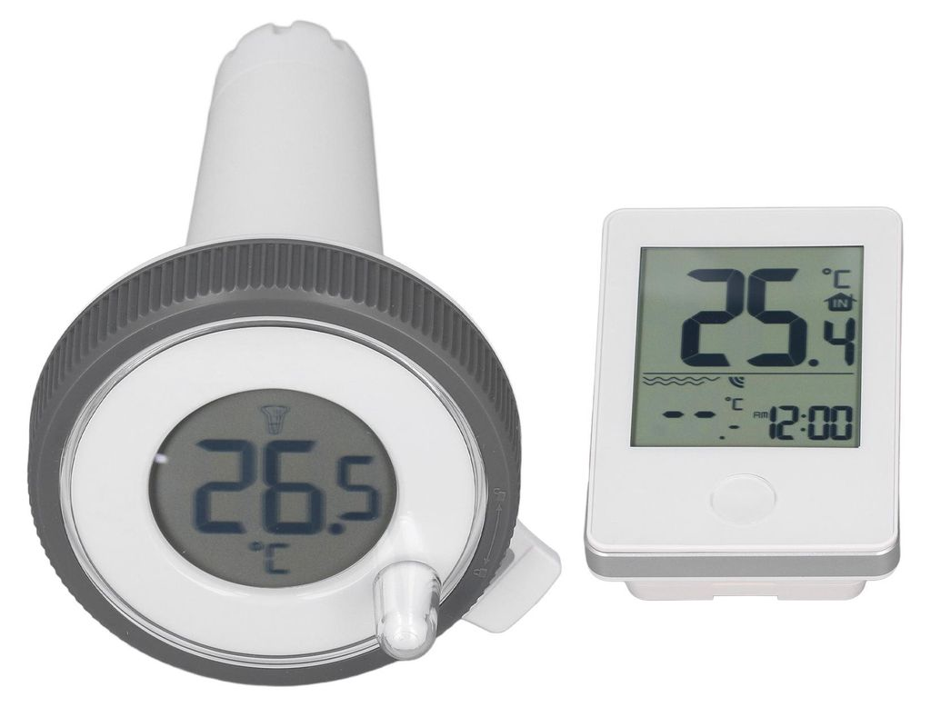 Zwei digitale Thermometer: eins zeigt 26,5 Grad, das andere 25,4 Grad und 12:00 Uhr.