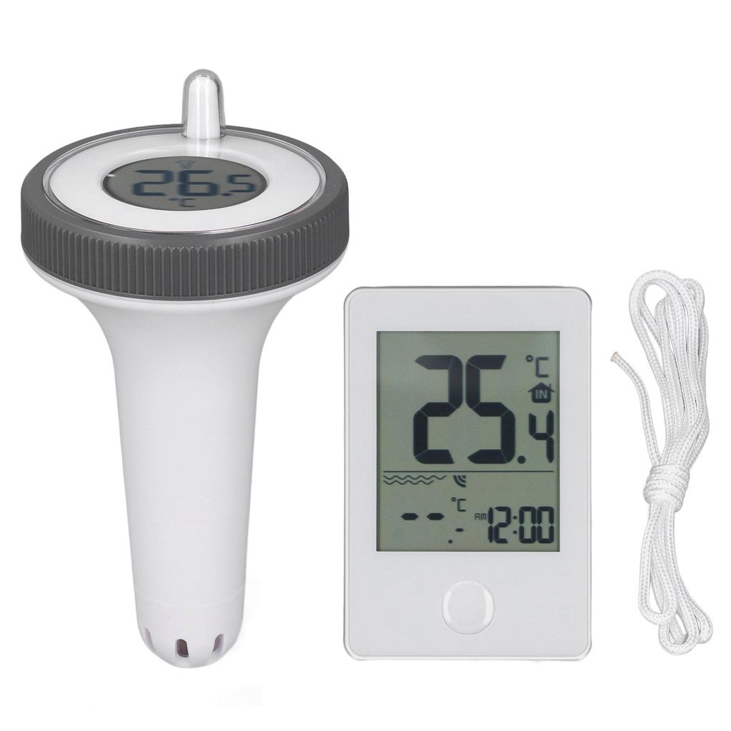 Ein Schwimmthermometer zeigt 26,5°C an. Ein Digitaldisplay zeigt 25,4°C und 12:00.