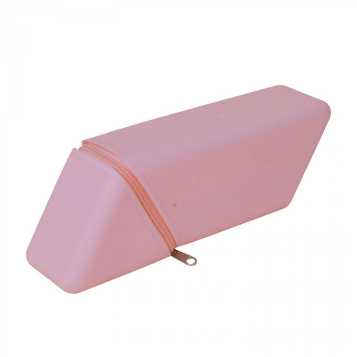 Ein rosa, dreieckiges Federmäppchen mit einem Reißverschluss.