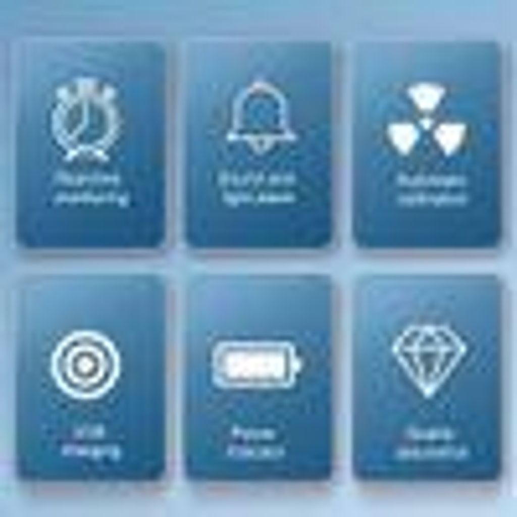 Sechs blaue Symbole: Alarm, Glocke, Strahlung, Ziel, Batterie, Diamant.
