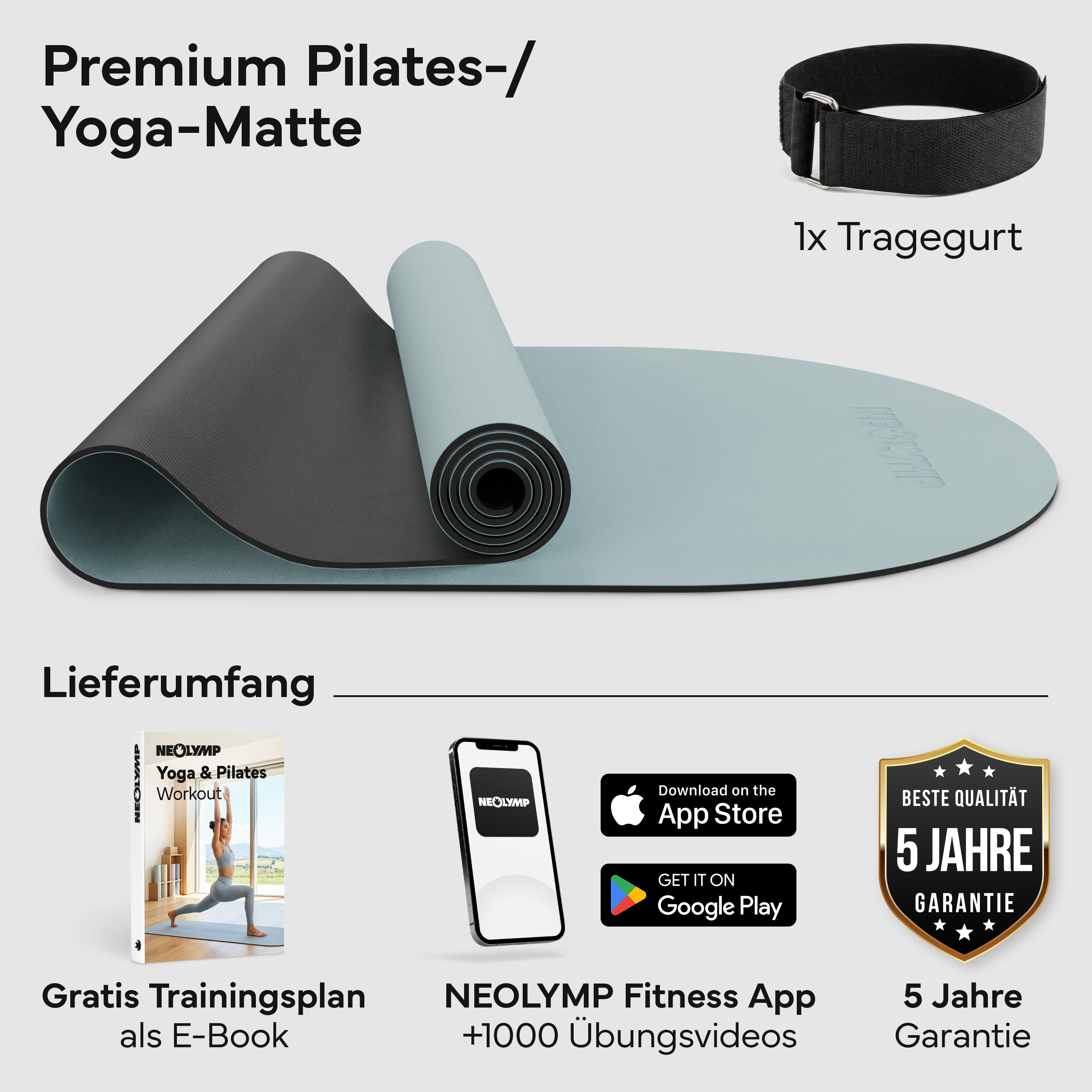 Eine hellblaue und graue Yogamatte, ein schwarzer Tragegurt und Zubehör.