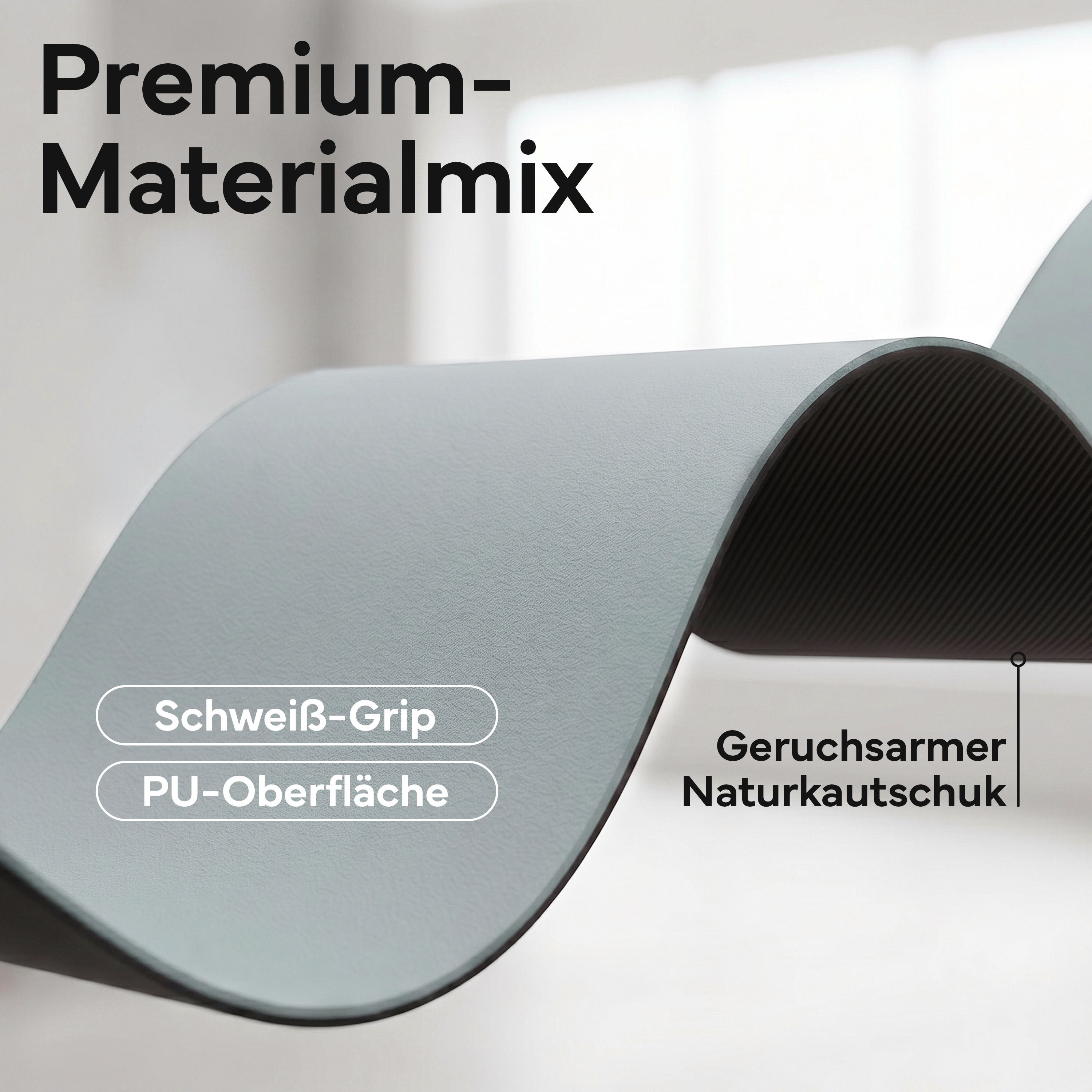 Graue Matte mit Text: "Premium-Materialmix", "Schweiß-Grip", "PU-Oberfläche", "Geruchsarmer Naturkautschuk".