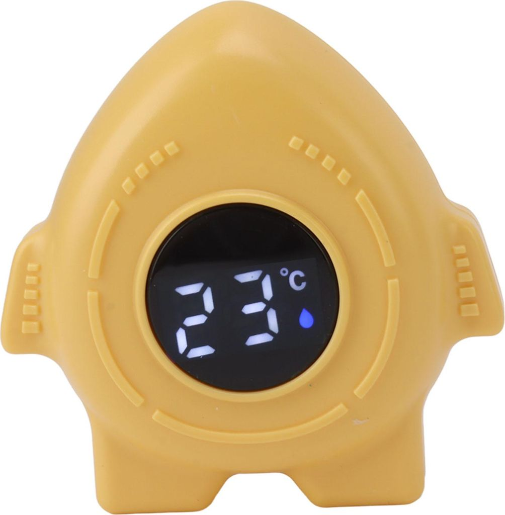 Gelbes thermometer in raketenform, zeigt 23 Grad Celsius.
