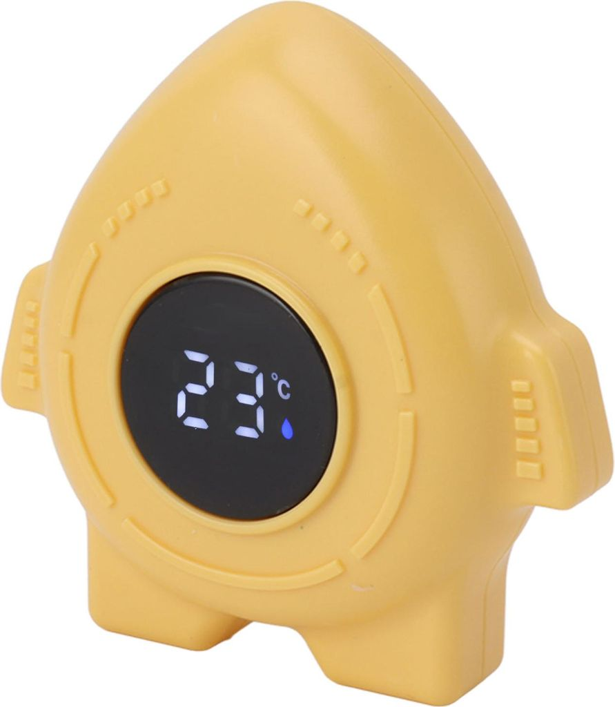 Gelbes Thermometer in Raketenform zeigt 23°C an.