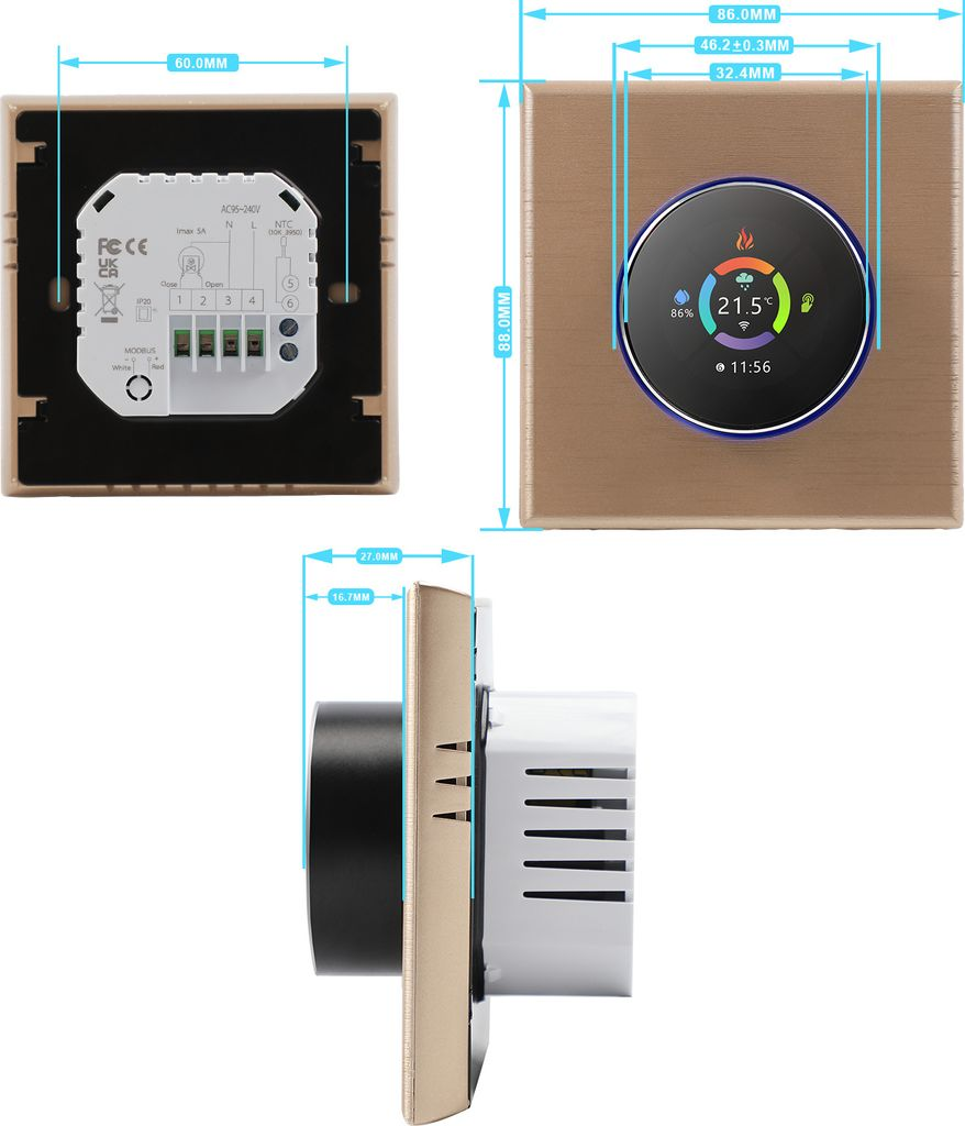 Thermostat mit Seitenansicht, Draufsicht (hinten & vorne). Abmessungen angegeben.