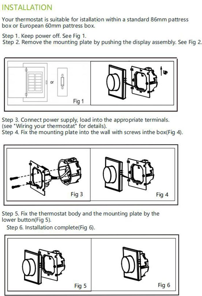 Illustrationen zur Installation eines Thermostats mit verschiedenen Schritten.