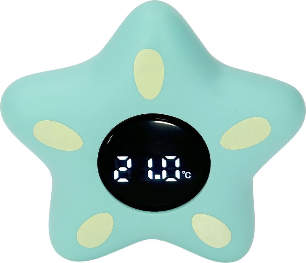 Ein türkisfarbener Stern-Thermometer mit digitaler Anzeige von 21.0 Grad Celsius.