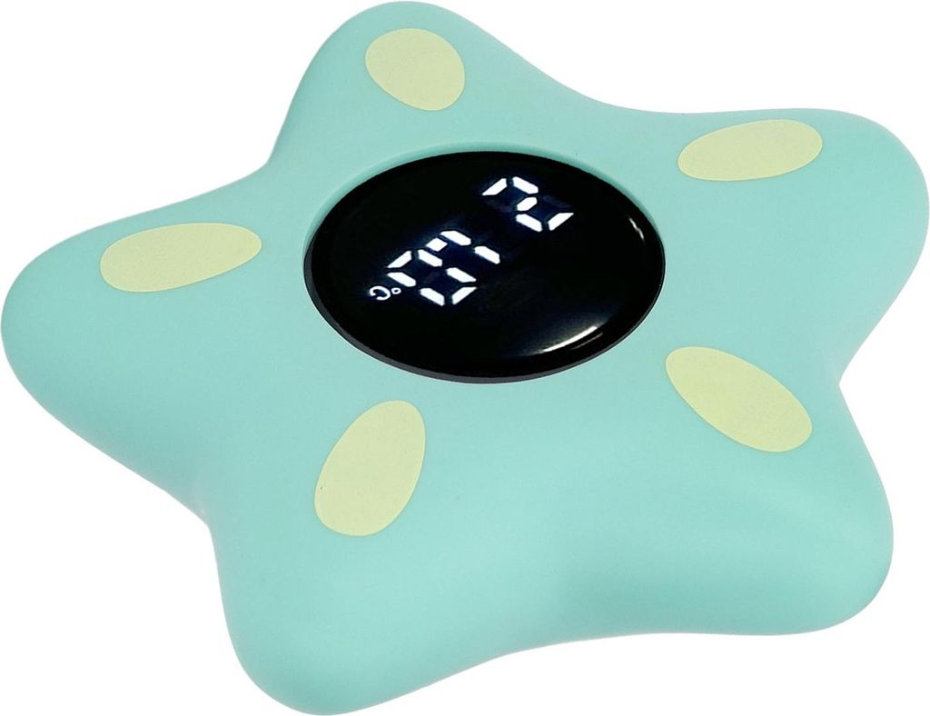 Ein türkisfarbener Stern-Timer mit digitaler Anzeige zeigt 32 Grad Celsius an.