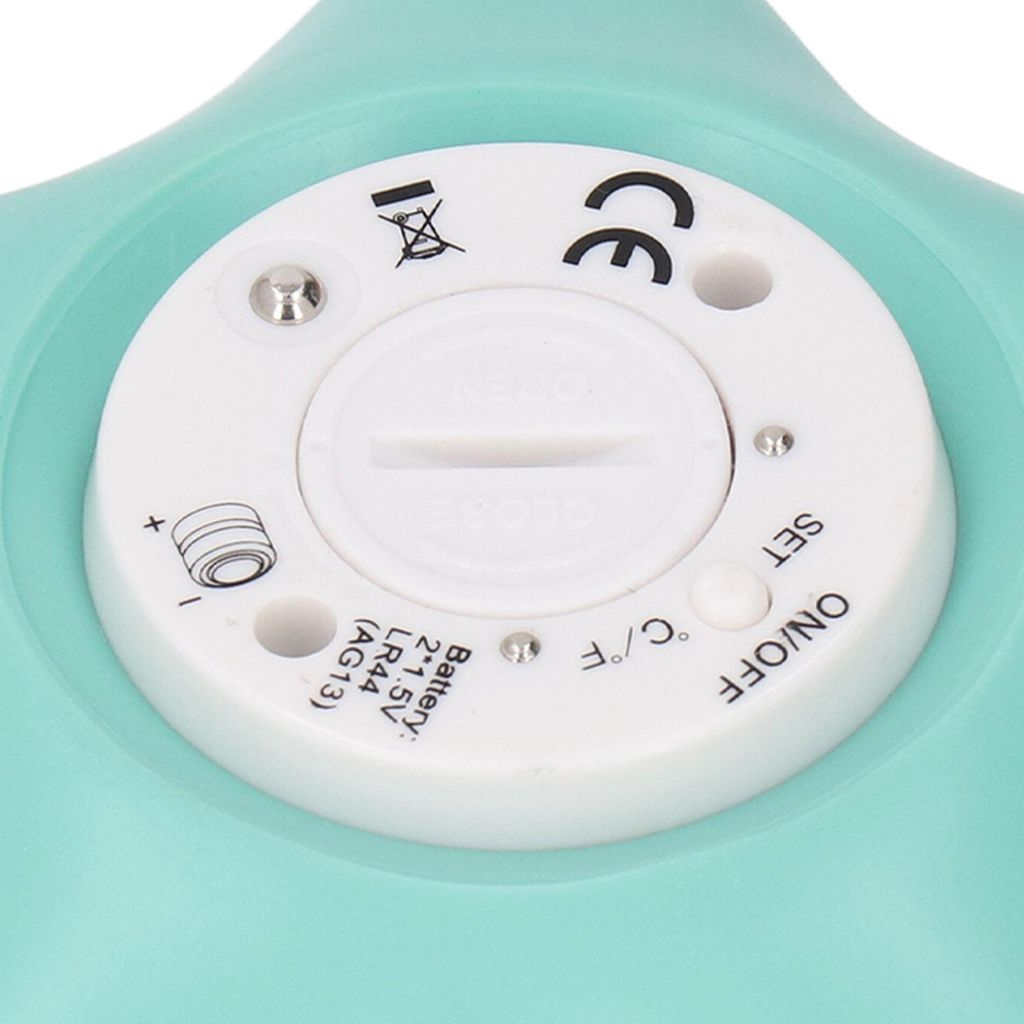 Nahaufnahme des Batteriefachs mit Beschriftungen: CE, ON/OFF, SET, °C/°F, Batterie LR44.