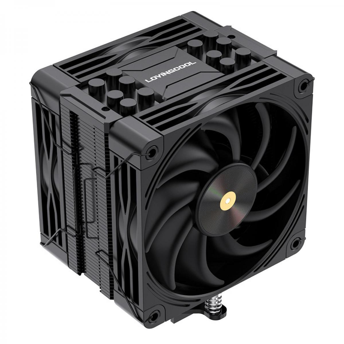 Ein schwarzer CPU-Kühler mit Lüfter und Kühlrippen.