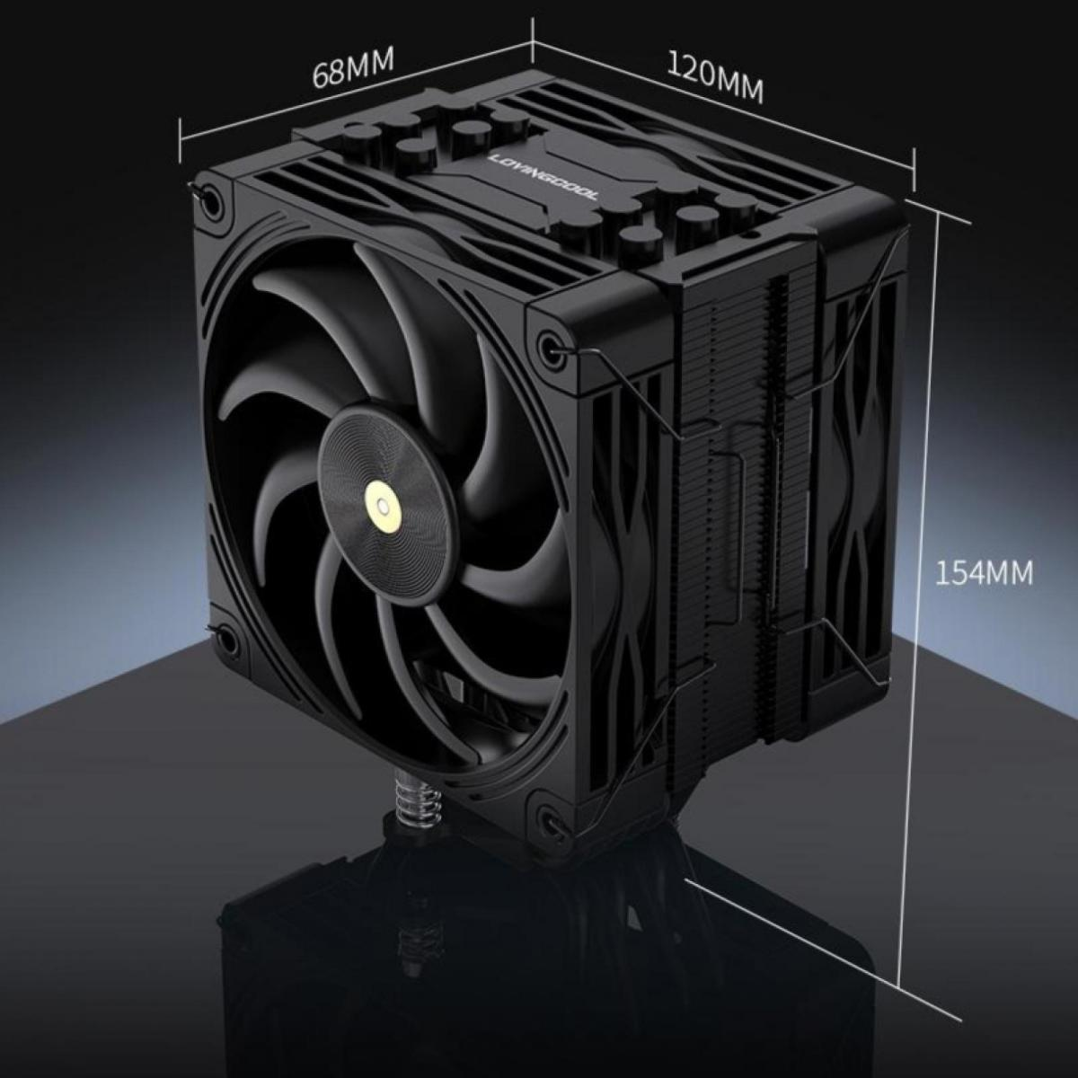 Schwarzer CPU-Kühler mit Lüfter und Maßen 68x120x154mm.