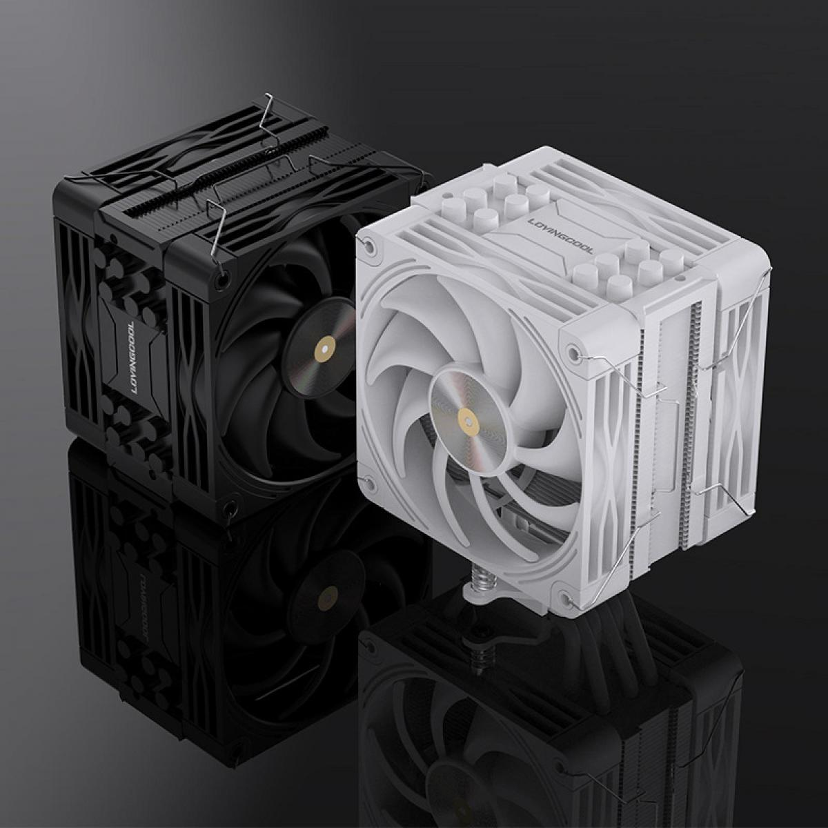 Zwei Computer-CPU-Kühler, einer schwarz und einer weiß, nebeneinander gezeigt.