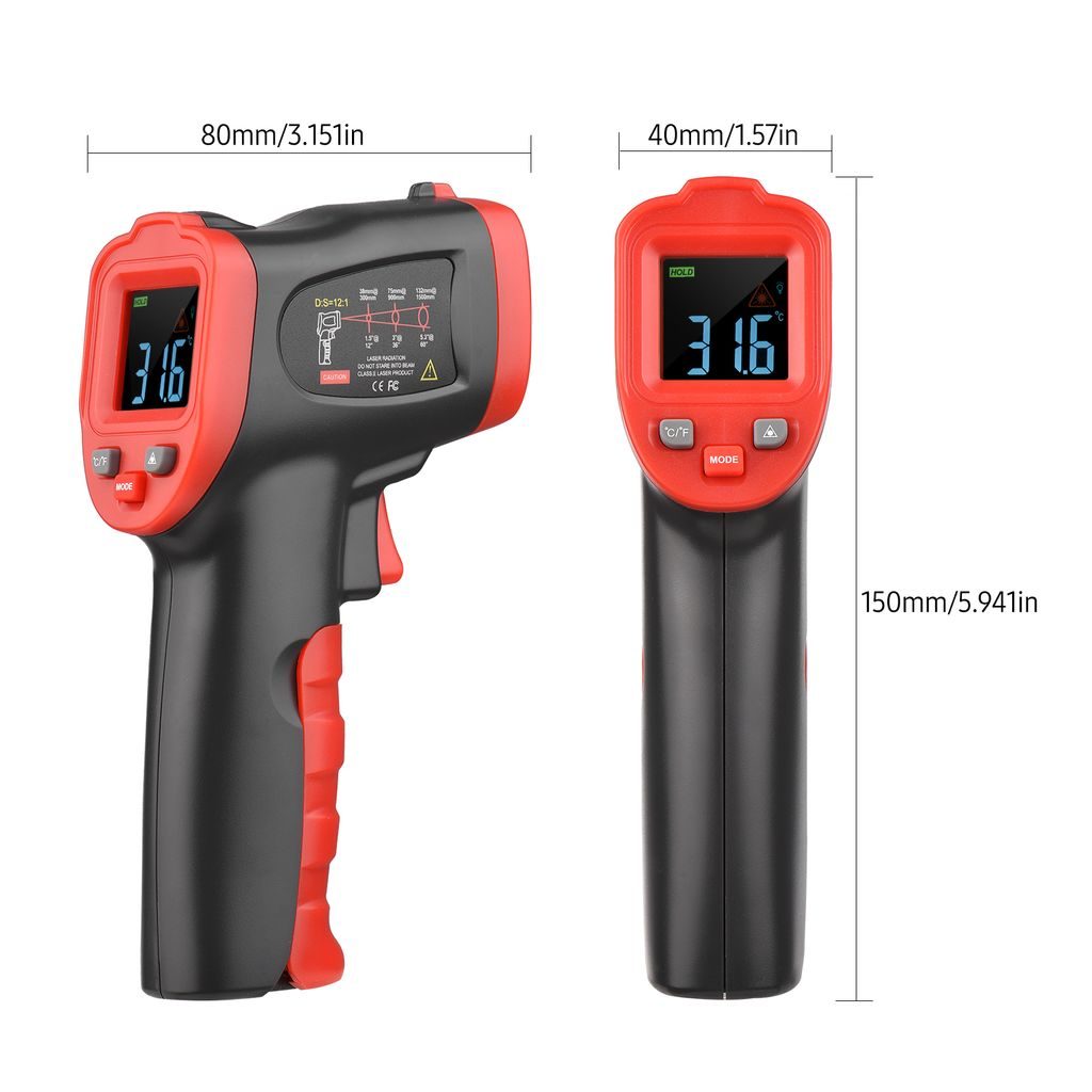 Zwei rot-schwarze Infrarot-Thermometer nebeneinander mit Abmessungen.