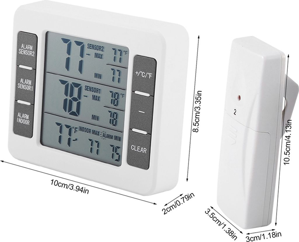 Ein digitales Thermometer mit zwei Sensoren und Fernbedienung zeigt Temperaturen an.