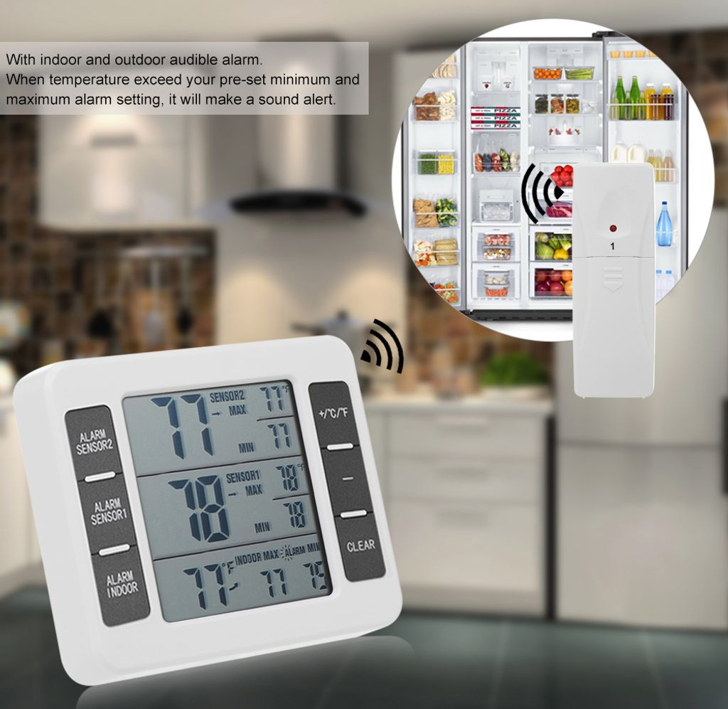 Ein weißes Thermometer mit LCD-Bildschirm zeigt Temperaturen und Min/Max-Werte an.