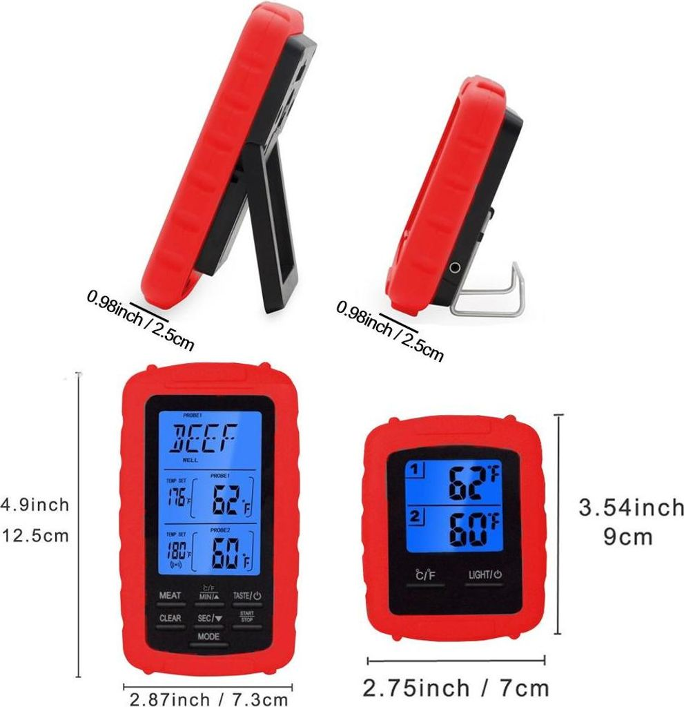Zwei rote digitale Fleischthermometer mit Bildschirmen, die Temperaturen und Einstellungen anzeigen.