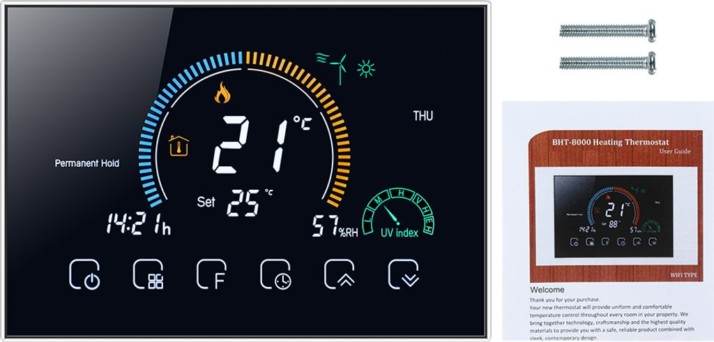 Ein digitales Thermostatdisplay zeigt 21°C, 25°C, 14:21 Uhr, 57% RH und UV-Index an.