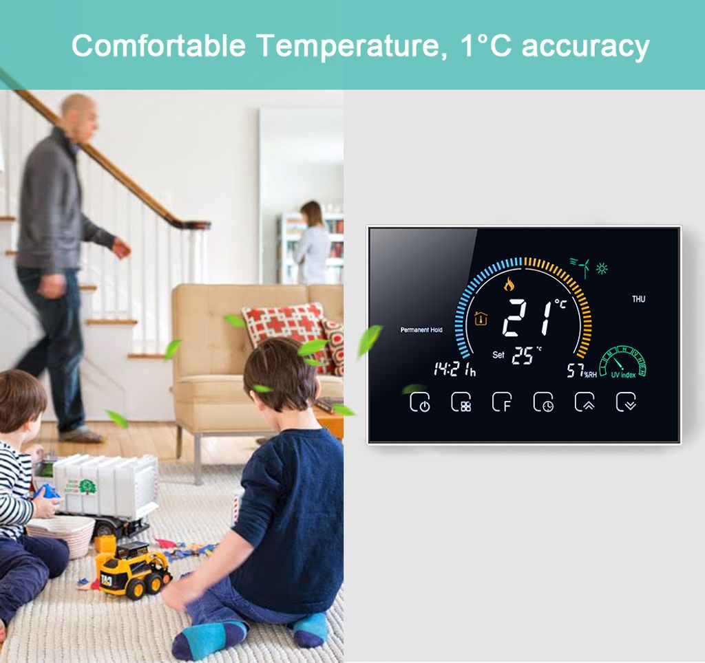 Digitales Thermostat zeigt 21°C, Set 25°C, 14:21 Uhr, 57% RH, UV-Index.