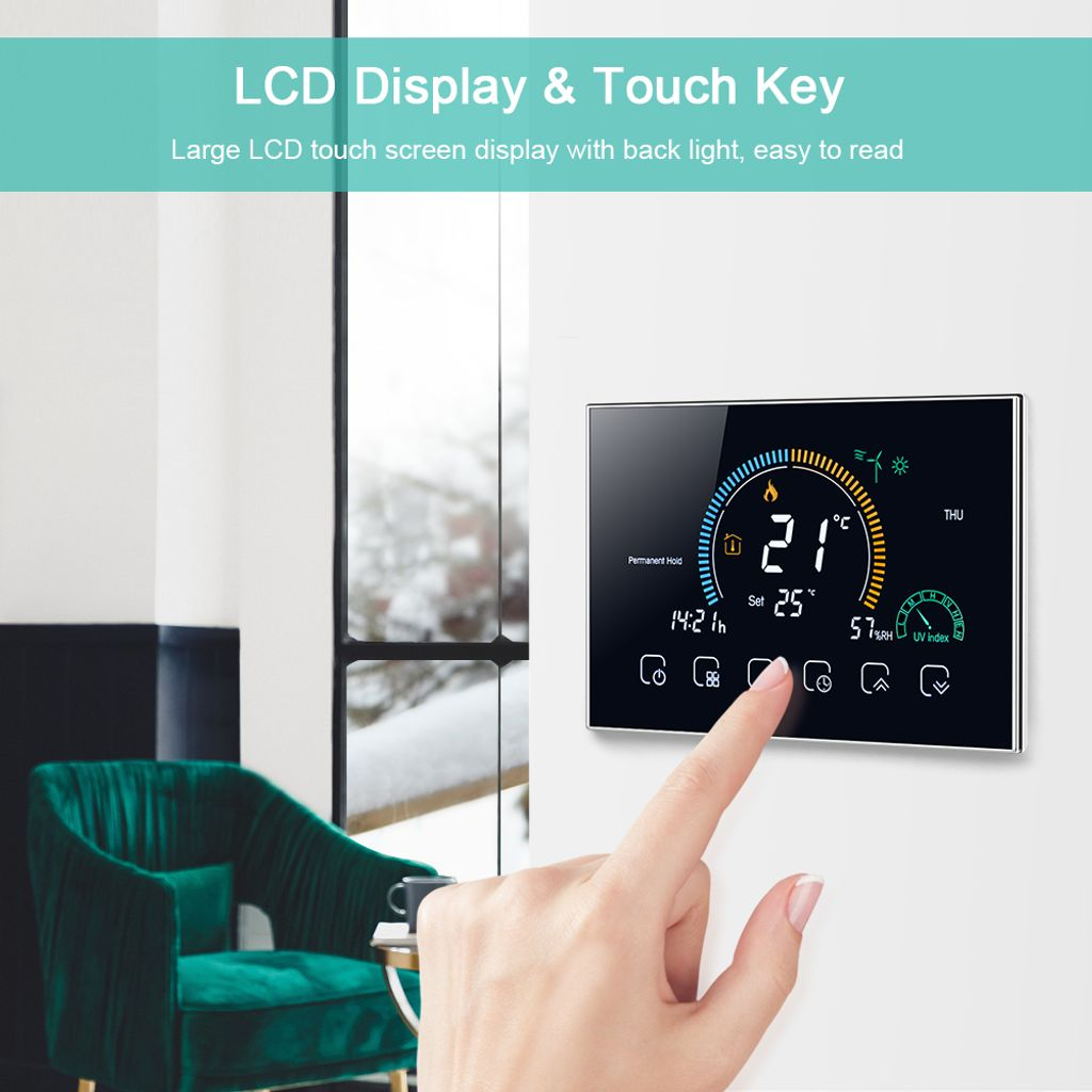 Ein Finger berührt einen Thermostat mit LCD-Bildschirm, der 21°C anzeigt.