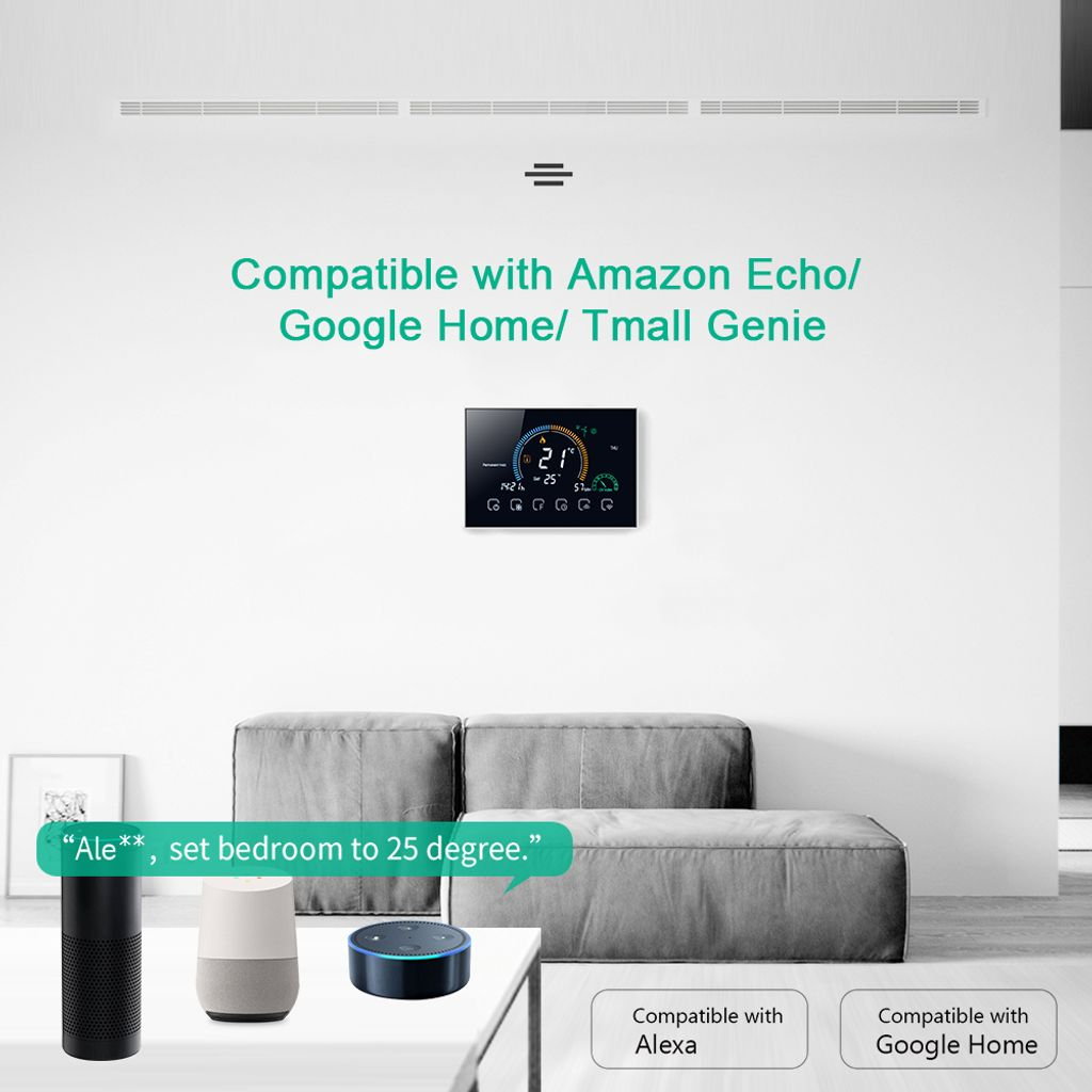 Ein Thermostat zeigt 21 Grad an. Drei Smart Speaker stehen auf einem Tisch.