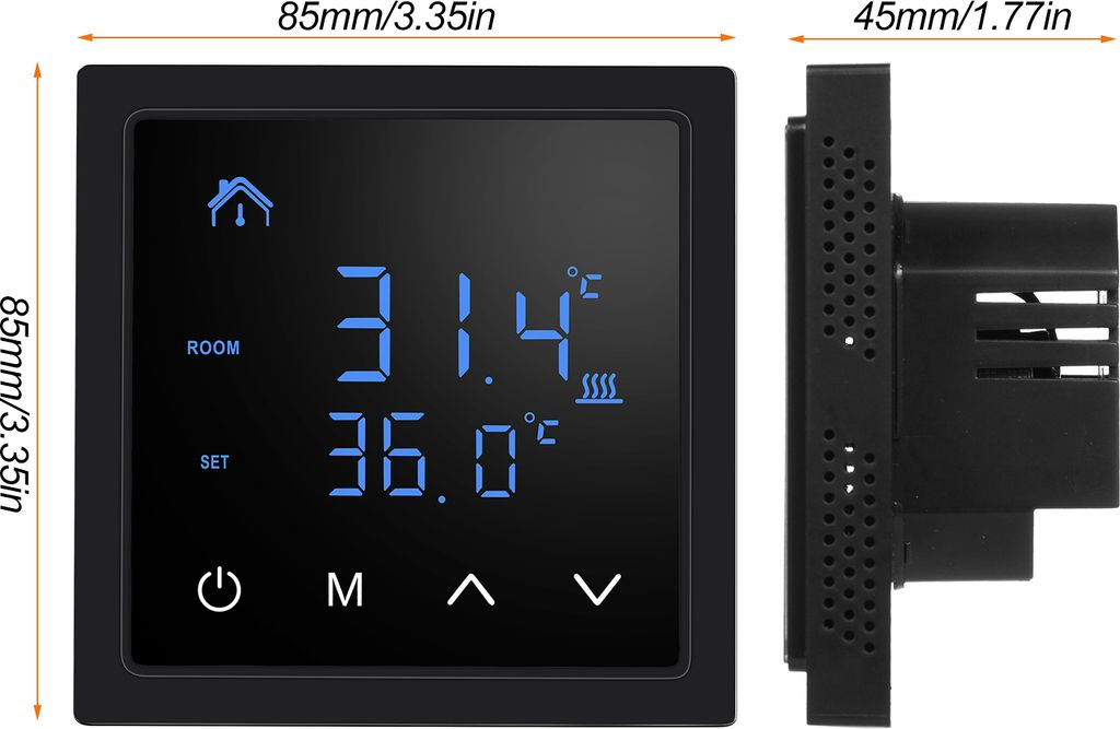Ein schwarzer Thermostat mit blauem Display zeigt Raum- und Solltemperatur an.