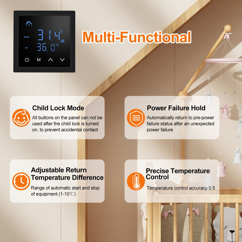 Digitaler Thermostat mit Funktionen wie Kindersicherung, Stromausfall-Speicherung.