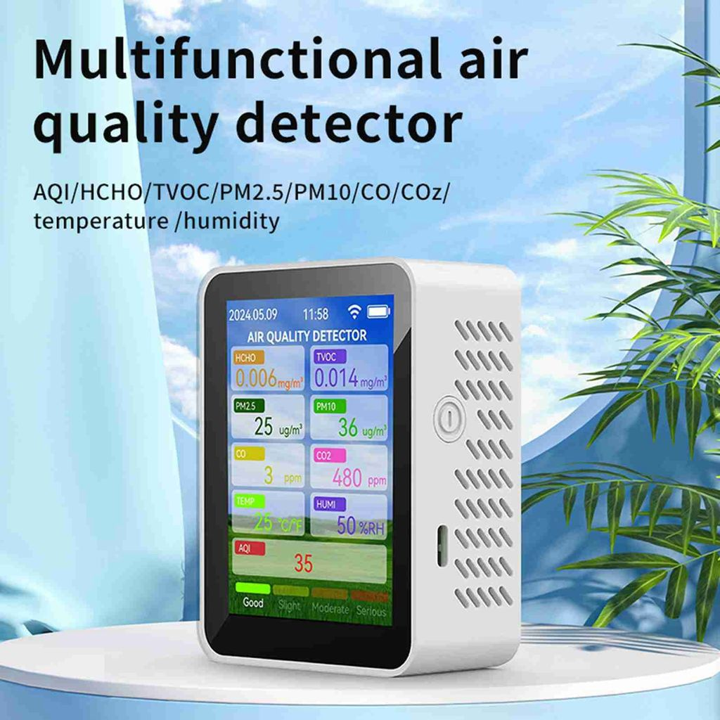 Weißer multifunktionaler Luftqualitätsdetektor-Bildschirm zeigt AQI, CO, HCHO, TVOC, PM2.5, PM10, CO2, Temp, Feuchtigkeit.