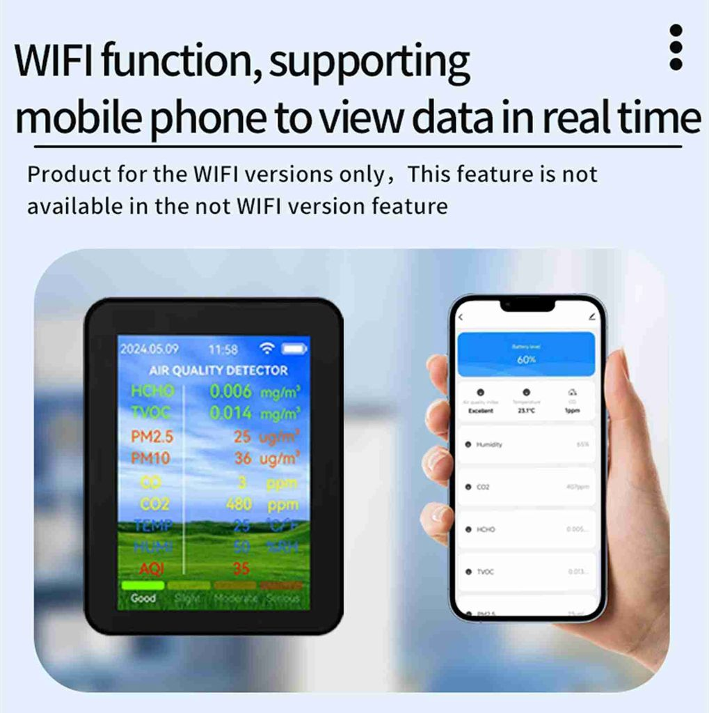 Ein tragbares Gerät zeigt Luftqualitätsdaten an, während ein Handy diese drahtlos empfängt.