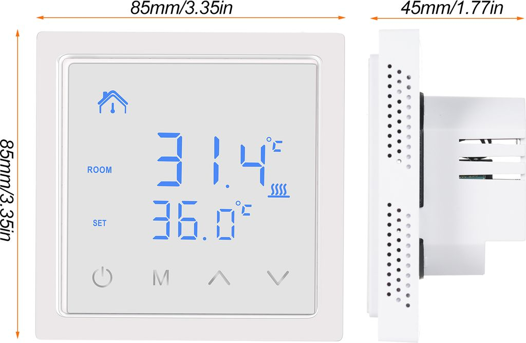 Ein weißer Thermostat zeigt 31.4°C Raum und 36.0°C Soll an.