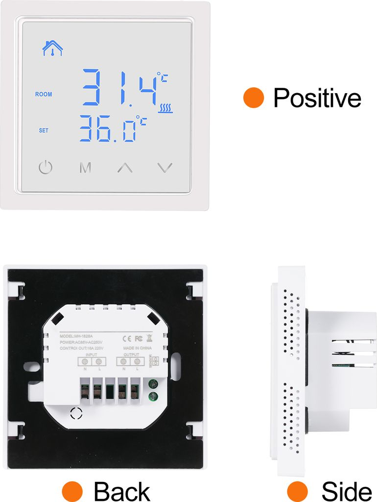 Weißer digitaler Thermostat zeigt 31,4°C Raumtemperatur und 36,0°C Solltemperatur.
