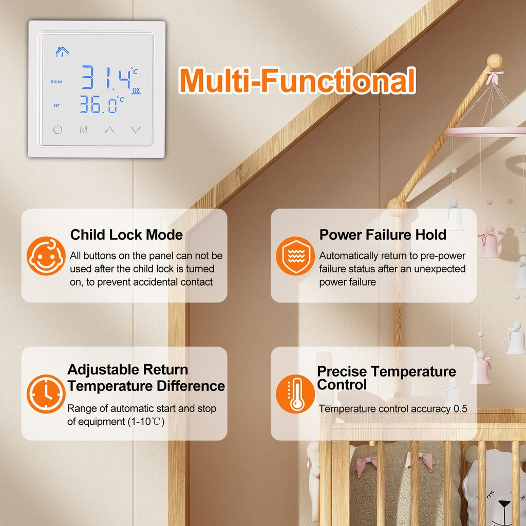Digitaler Thermostat mit Kindersicherung, Stromausfallschutz, Rücklauftemperatur und präziser Steuerung.