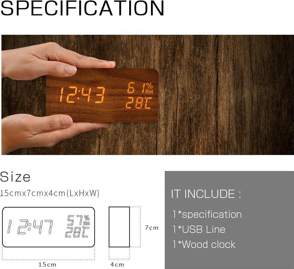 Digitale Holzuhr zeigt Zeit, Temperatur und Luftfeuchtigkeit an. Maße sind aufgeführt.