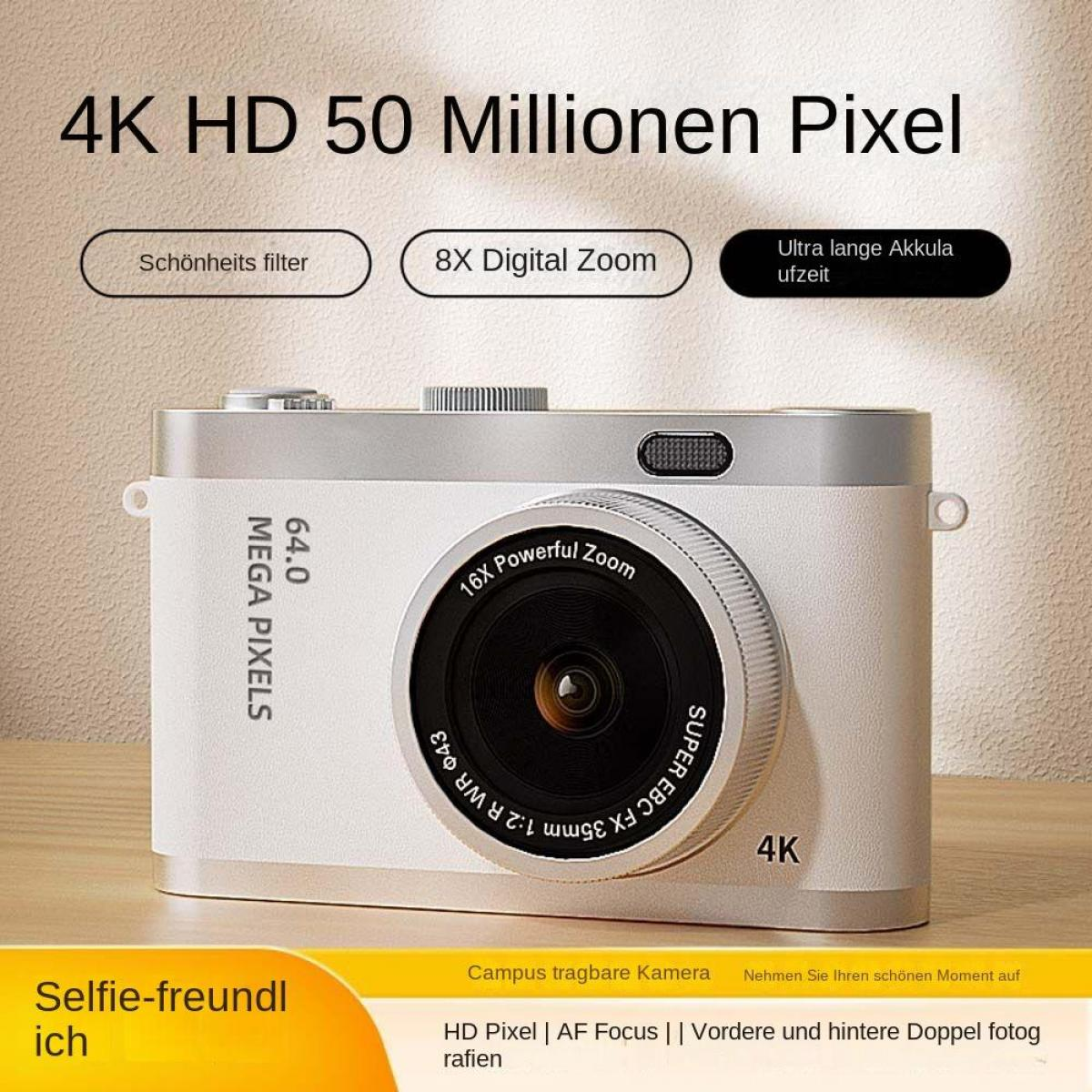 Eine weiße und silberne Digitalkamera mit einem Objektiv mit 16-fachem Zoom.