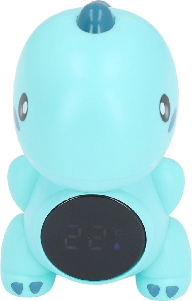 Ein hellblauer Dinosaurier-Wecker mit digitaler Anzeige.
