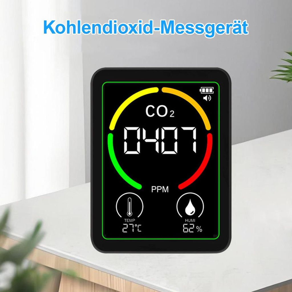 Ein CO2-Messgerät zeigt 0407 PPM, 27°C und 62% Luftfeuchtigkeit an.