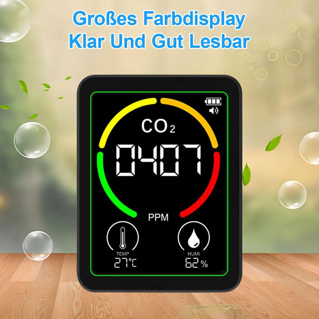CO2-Messgerät zeigt 407 PPM, 27°C Temp, 62% Luftfeuchtigkeit an.