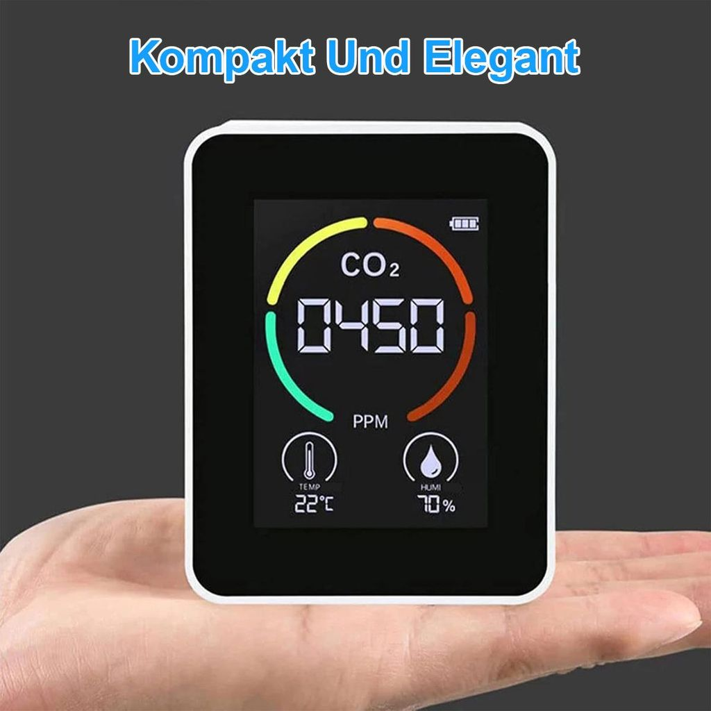 Ein digitaler CO2-Messgerät mit Temperatur und Luftfeuchtigkeit wird von einer Hand gehalten.