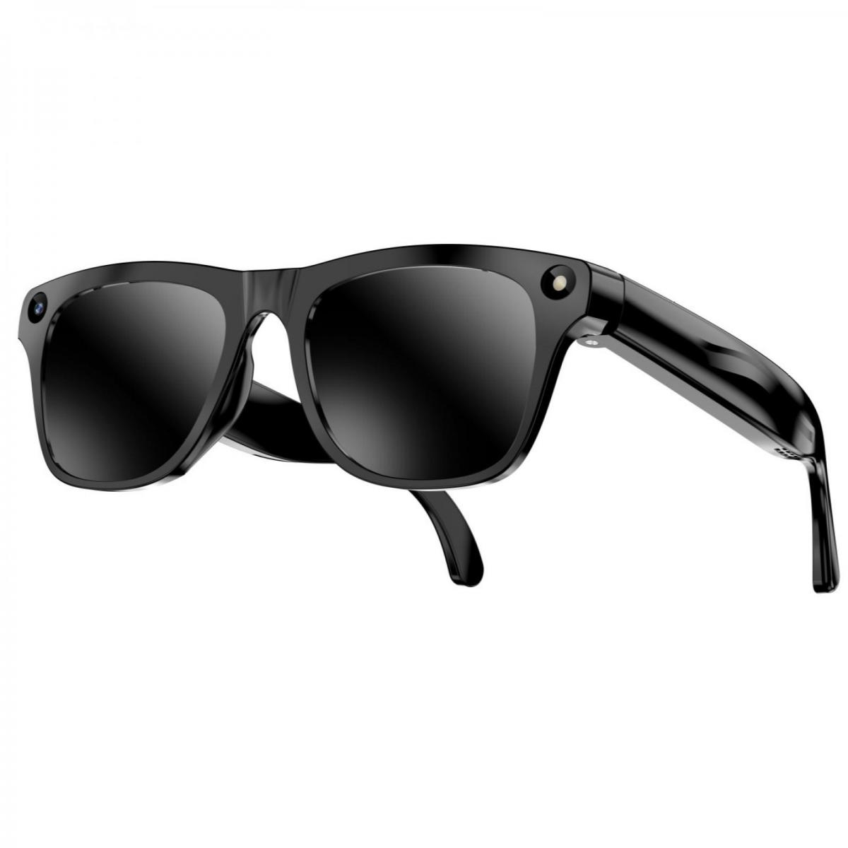 Schwarze Sonnenbrille mit Kameras auf beiden Seiten und dunklen Gläsern.