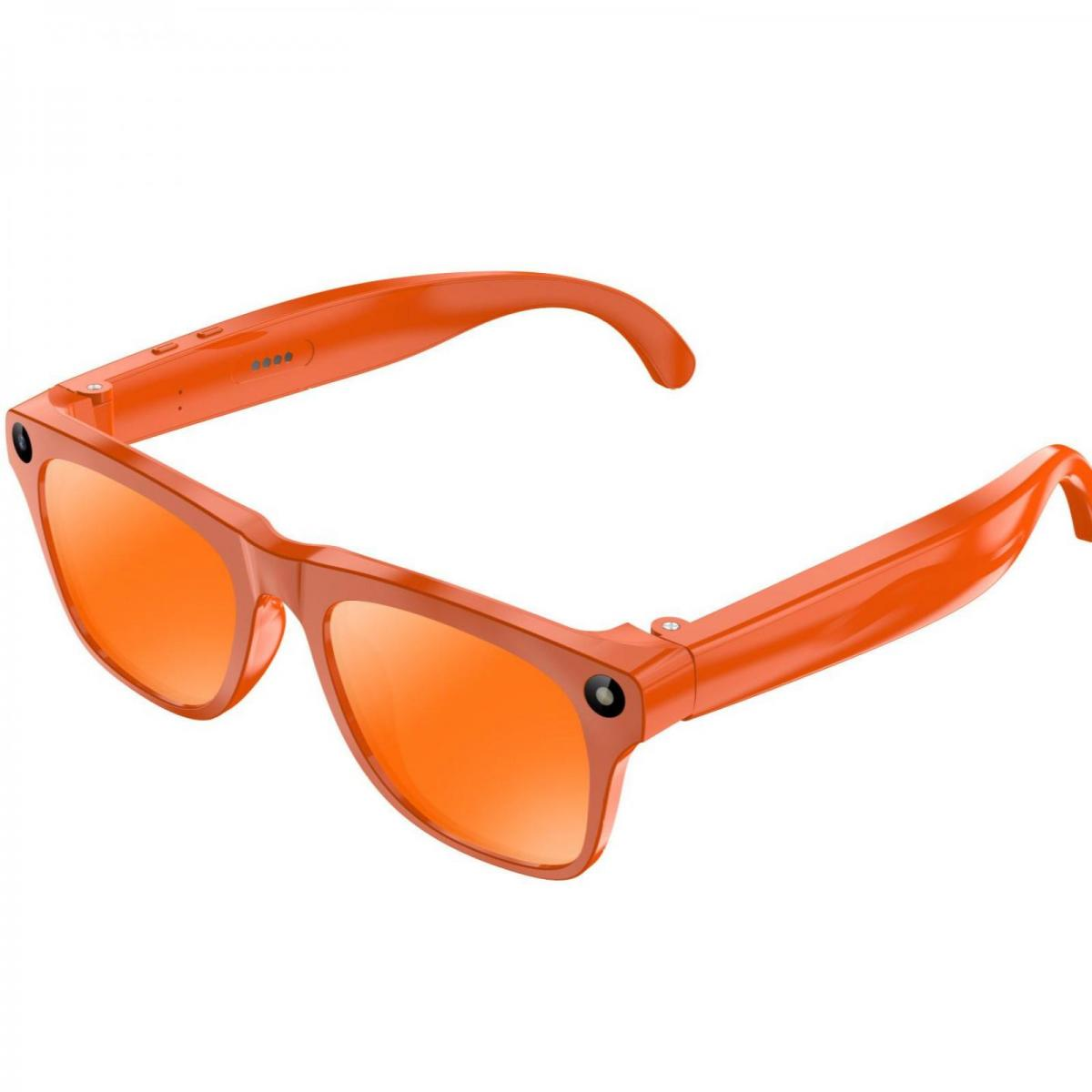 Orange Brille mit Kameras an den Bügeln und orangefarbenen Gläsern.