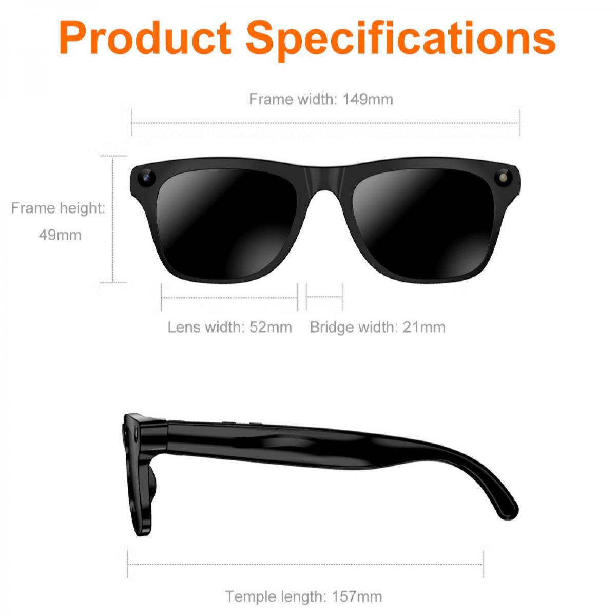 Schwarze Sonnenbrille mit Produktspezifikationen: Rahmenbreite 149mm, Höhe 49mm, Linse 52mm, Steg 21mm, Bügel 157mm.