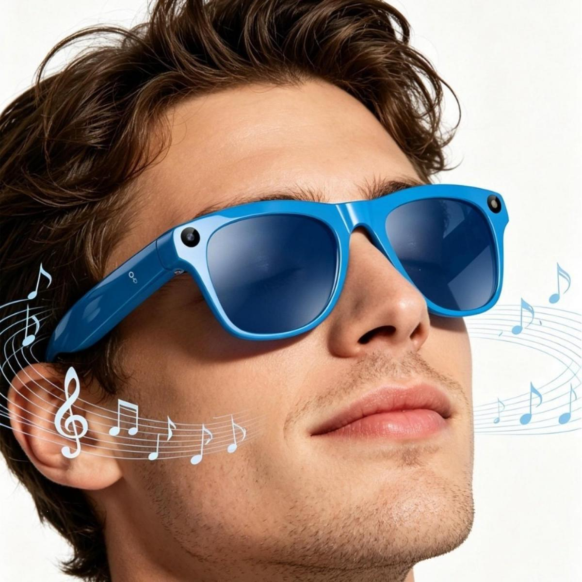 Mann trägt blaue smarte Brille mit Musiknoten um sein Ohr.