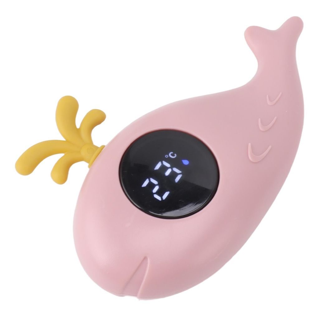 Ein rosafarbener Wal-Thermometer mit gelbem Sprinkler und digitaler Anzeige von 27°C.