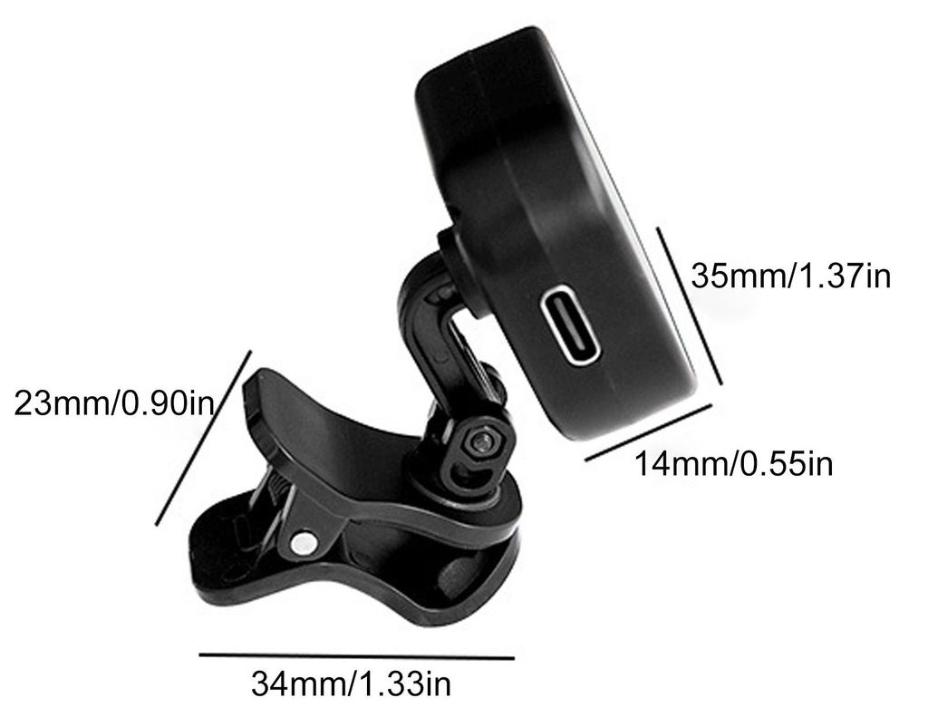 Schwarzer Clip-Tuner mit Maßen: 34x23mm (Breite/Höhe), 35x14mm (Gerät).